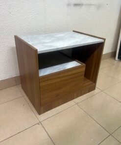 Modern Two-Tone Wooden Storage Cabinet / Side Table – Walnut Frame with White Marble-Effect Tops, Open Shelf & Built-In Drawer - Image 2