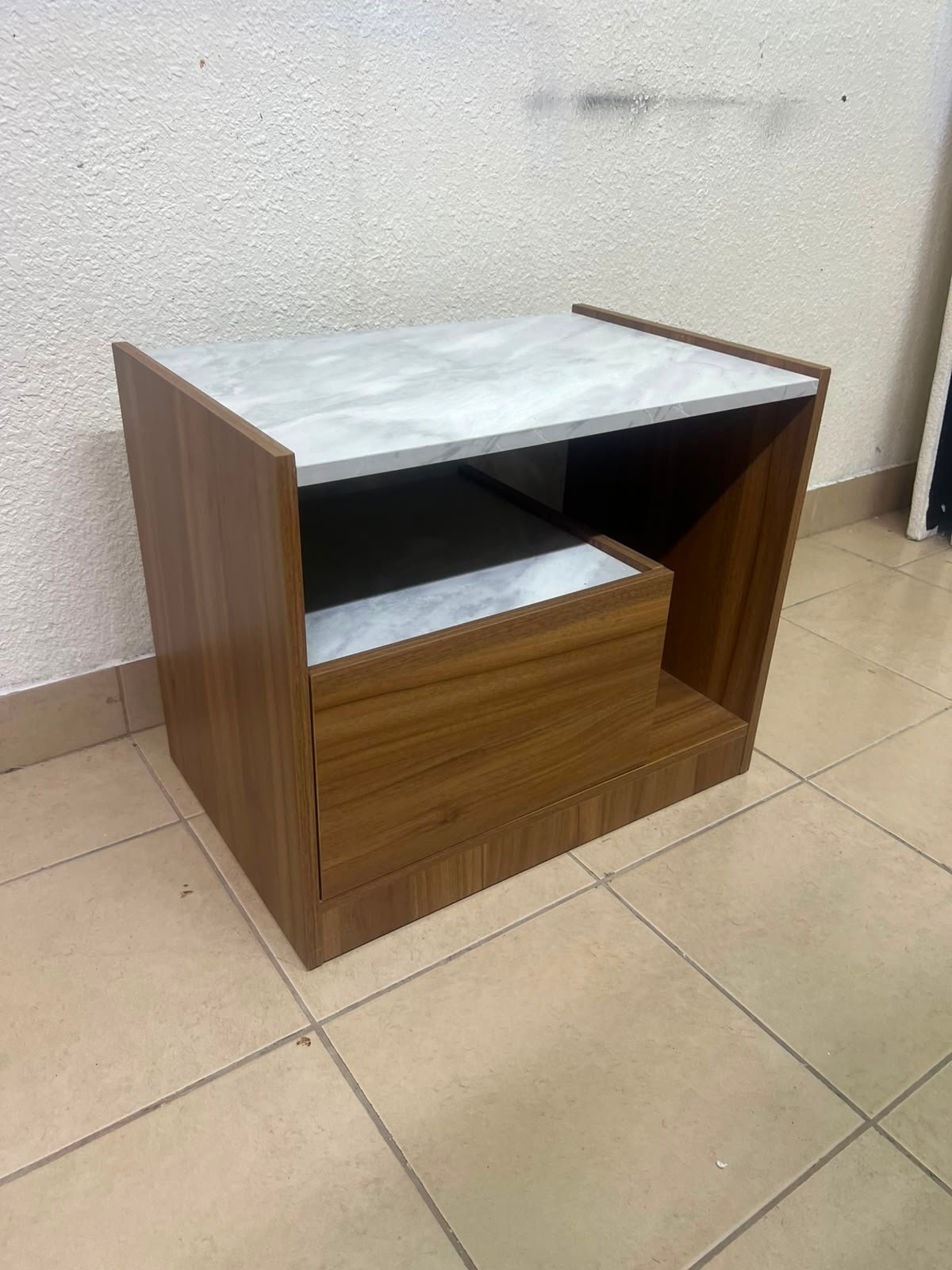 Modern Two-Tone Wooden Storage Cabinet / Side Table – Walnut Frame with White Marble-Effect Tops, Open Shelf & Built-In Drawer - Image 2