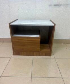 Modern Two-Tone Wooden Storage Cabinet / Side Table – Walnut Frame with White Marble-Effect Tops, Open Shelf & Built-In Drawer - Image 3