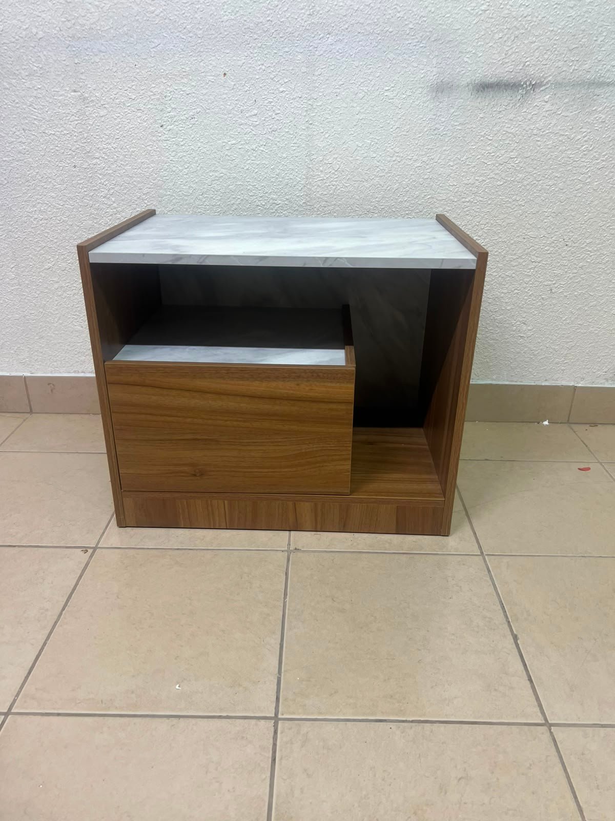 Modern Two-Tone Wooden Storage Cabinet / Side Table – Walnut Frame with White Marble-Effect Tops, Open Shelf & Built-In Drawer - Image 3