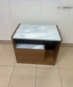 Modern Two-Tone Wooden Storage Cabinet / Side Table – Walnut Frame with White Marble-Effect Tops, Open Shelf & Built-In Drawer - Image 4