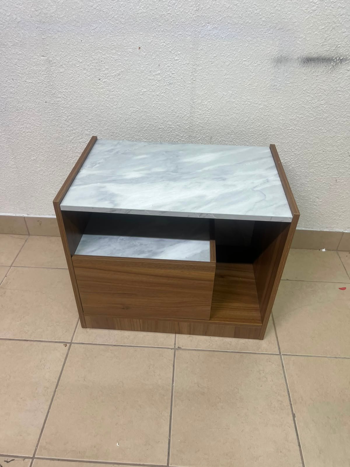 Modern Two-Tone Wooden Storage Cabinet / Side Table – Walnut Frame with White Marble-Effect Tops, Open Shelf & Built-In Drawer - Image 4