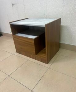 Modern Two-Tone Wooden Storage Cabinet / Side Table – Walnut Frame with White Marble-Effect Tops, Open Shelf & Built-In Drawer