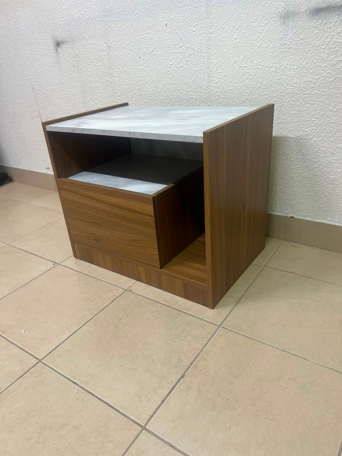 Modern Two-Tone Wooden Storage Cabinet / Side Table – Walnut Frame with White Marble-Effect Tops, Open Shelf & Built-In Drawer