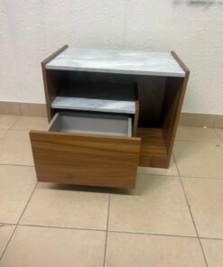 Modern Two-Tone Wooden Storage Cabinet / Side Table – Walnut Frame with White Marble-Effect Tops, Open Shelf & Built-In Drawer - Image 6