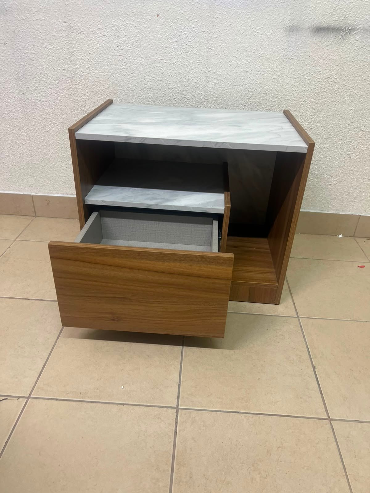 Modern Two-Tone Wooden Storage Cabinet / Side Table – Walnut Frame with White Marble-Effect Tops, Open Shelf & Built-In Drawer - Image 6