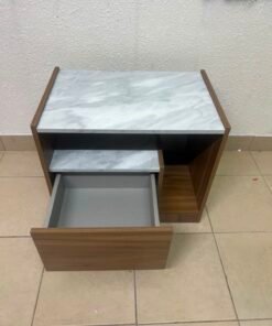 Modern Two-Tone Wooden Storage Cabinet / Side Table – Walnut Frame with White Marble-Effect Tops, Open Shelf & Built-In Drawer - Image 7