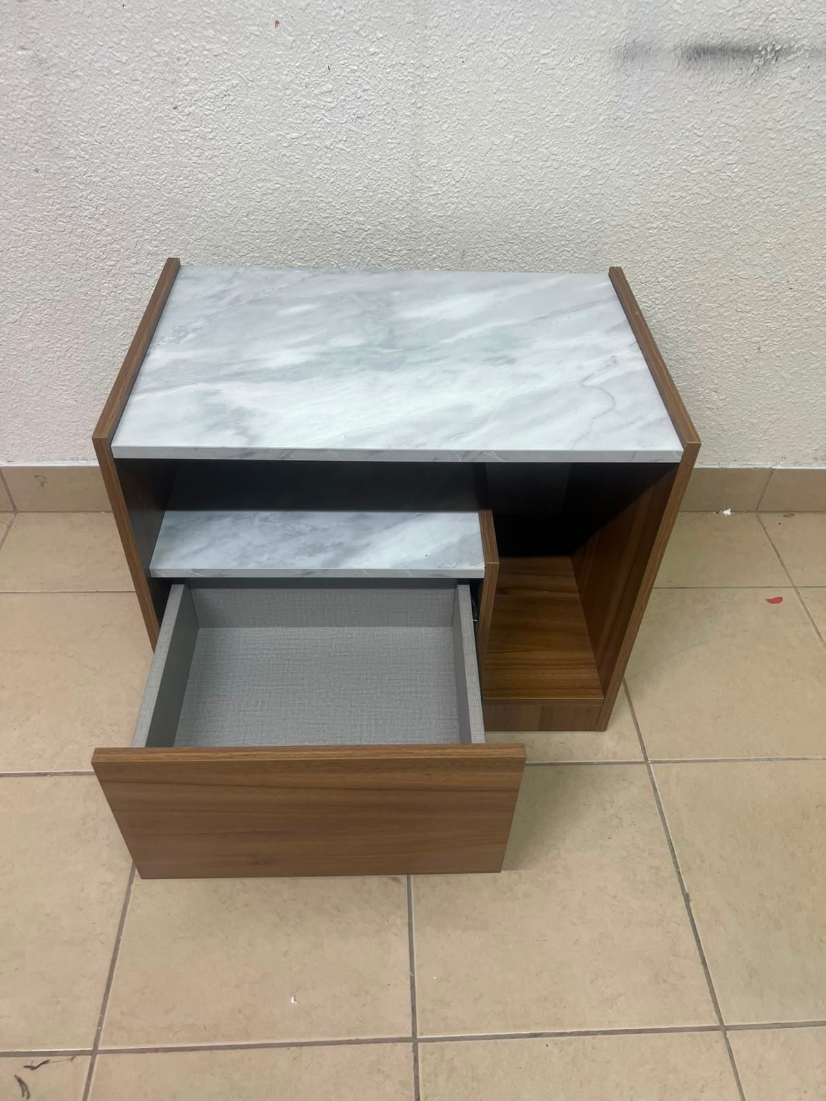 Modern Two-Tone Wooden Storage Cabinet / Side Table – Walnut Frame with White Marble-Effect Tops, Open Shelf & Built-In Drawer - Image 7