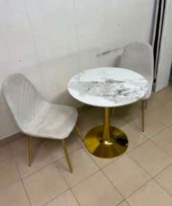 Luxurious 3-Piece Bistro Set – Round White Marble-Effect Table with Gold Pedestal Base & 2 Cream Velvet Chairs with Gold Legs - Image 2