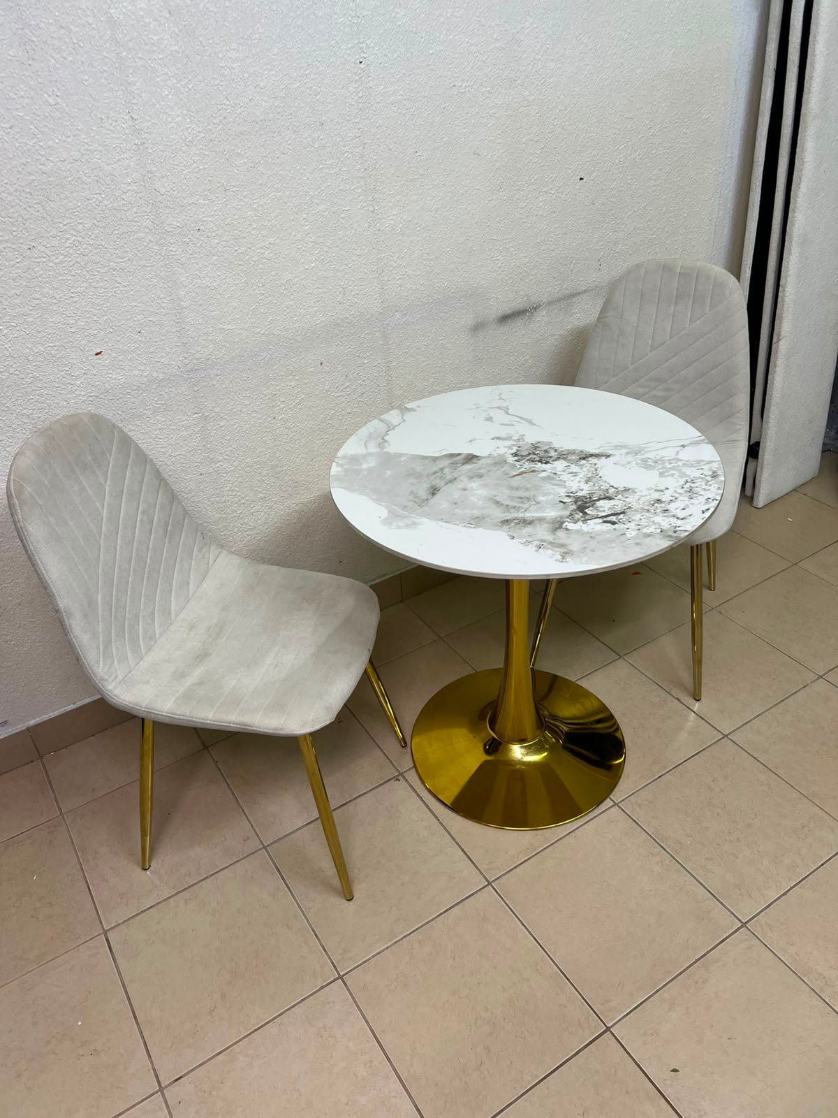 Luxurious 3-Piece Bistro Set – Round White Marble-Effect Table with Gold Pedestal Base & 2 Cream Velvet Chairs with Gold Legs - Image 2