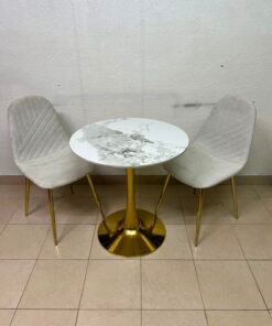 Luxurious 3-Piece Bistro Set – Round White Marble-Effect Table with Gold Pedestal Base & 2 Cream Velvet Chairs with Gold Legs - Image 3
