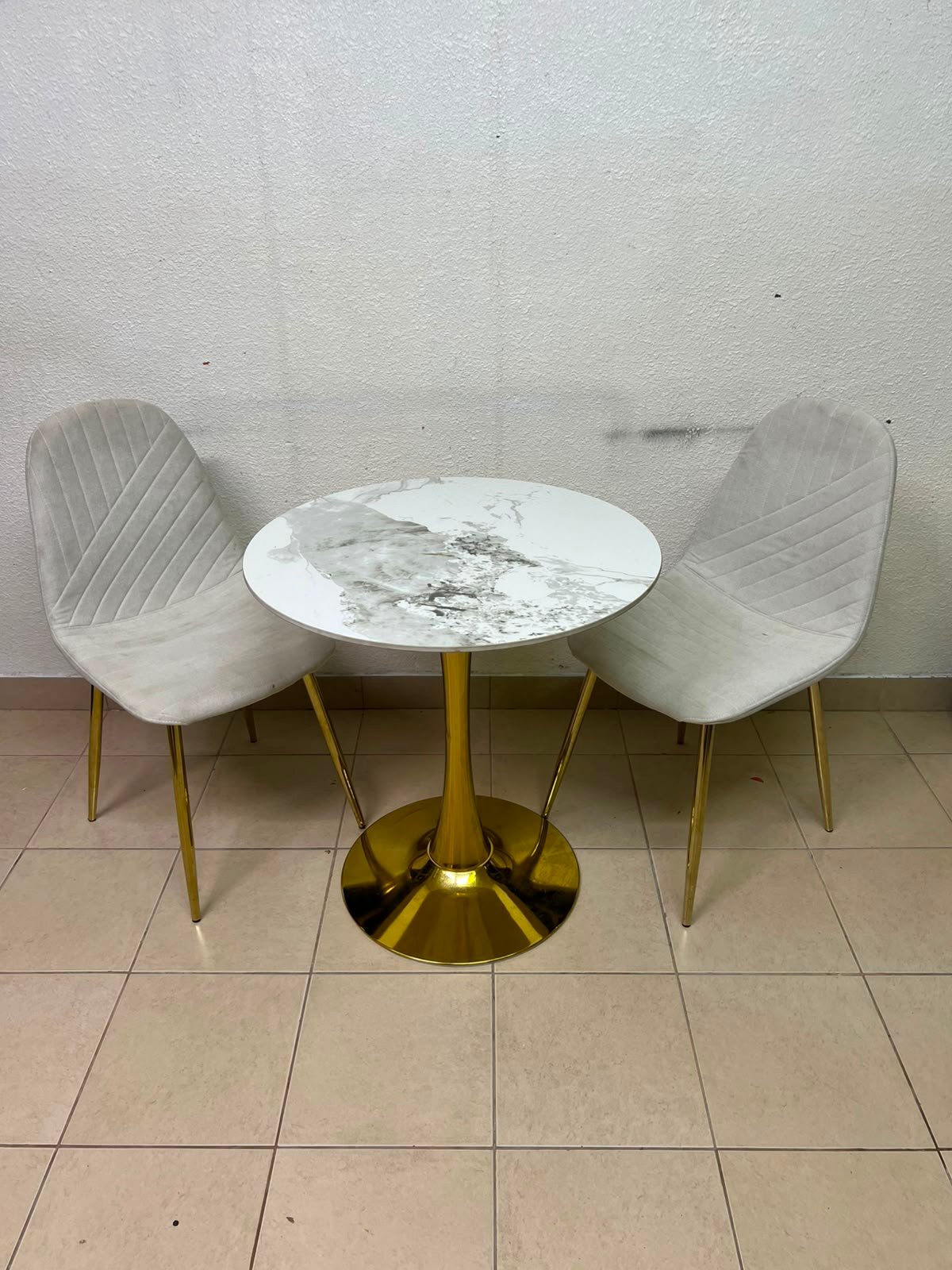Luxurious 3-Piece Bistro Set – Round White Marble-Effect Table with Gold Pedestal Base & 2 Cream Velvet Chairs with Gold Legs - Image 3