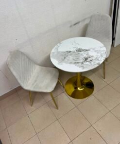 Luxurious 3-Piece Bistro Set – Round White Marble-Effect Table with Gold Pedestal Base & 2 Cream Velvet Chairs with Gold Legs - Image 4