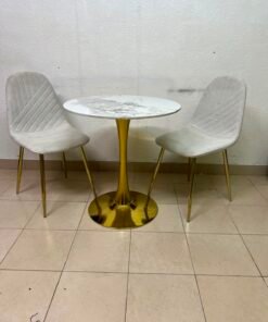 Luxurious 3-Piece Bistro Set – Round White Marble-Effect Table with Gold Pedestal Base & 2 Cream Velvet Chairs with Gold Legs - Image 5