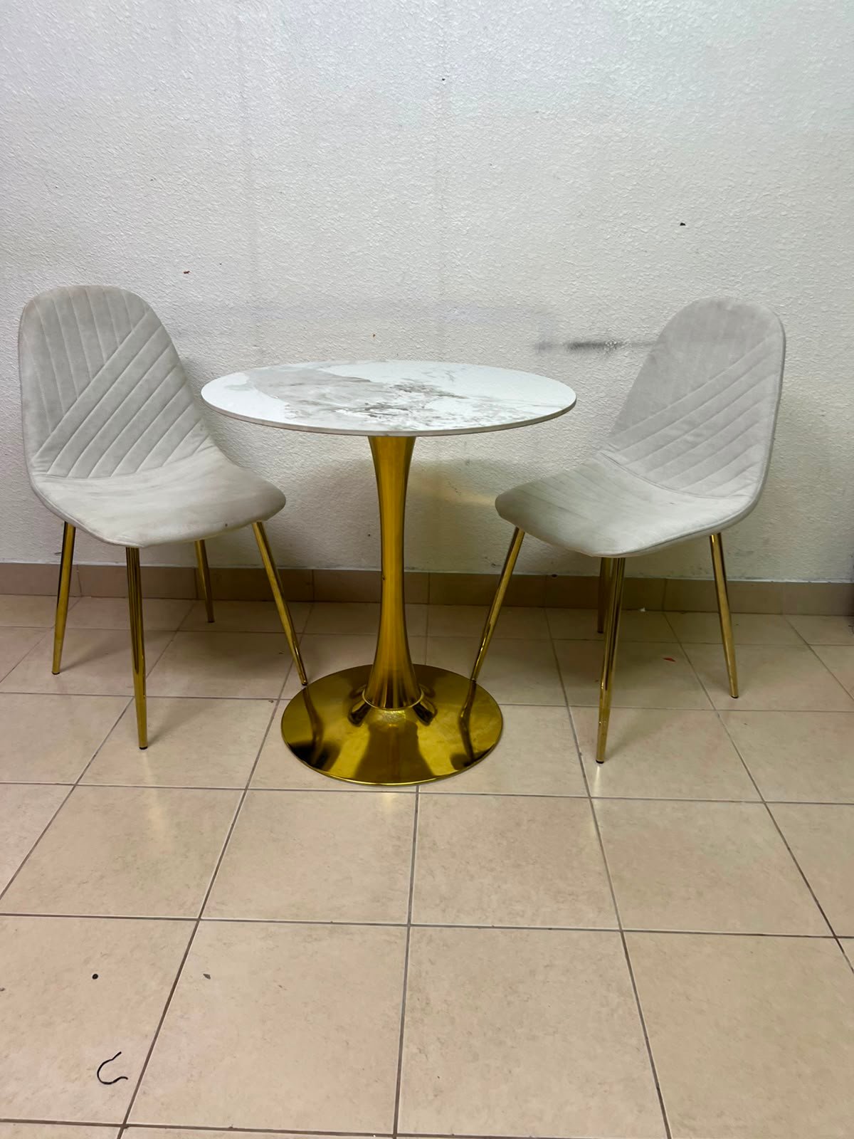 Luxurious 3-Piece Bistro Set – Round White Marble-Effect Table with Gold Pedestal Base & 2 Cream Velvet Chairs with Gold Legs - Image 5