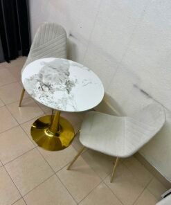 Luxurious 3-Piece Bistro Set – Round White Marble-Effect Table with Gold Pedestal Base & 2 Cream Velvet Chairs with Gold Legs - Image 6