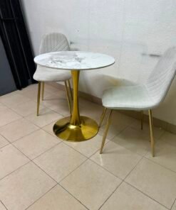 Luxurious 3-Piece Bistro Set – Round White Marble-Effect Table with Gold Pedestal Base & 2 Cream Velvet Chairs with Gold Legs - Image 7