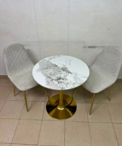 Luxurious 3-Piece Bistro Set – Round White Marble-Effect Table with Gold Pedestal Base & 2 Cream Velvet Chairs with Gold Legs