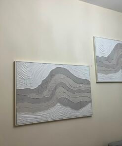 Set of 2 Modern White & Grey 3D Textured Wall Art – Minimalist Plaster Wave Design with Silver Framed Canvas for Living Room & Bedroom - Image 2