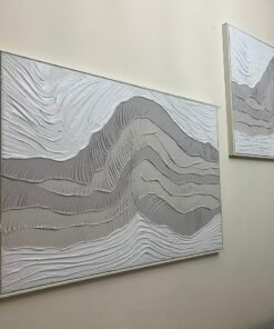 Set of 2 Modern White & Grey 3D Textured Wall Art – Minimalist Plaster Wave Design with Silver Framed Canvas for Living Room & Bedroom - Image 3