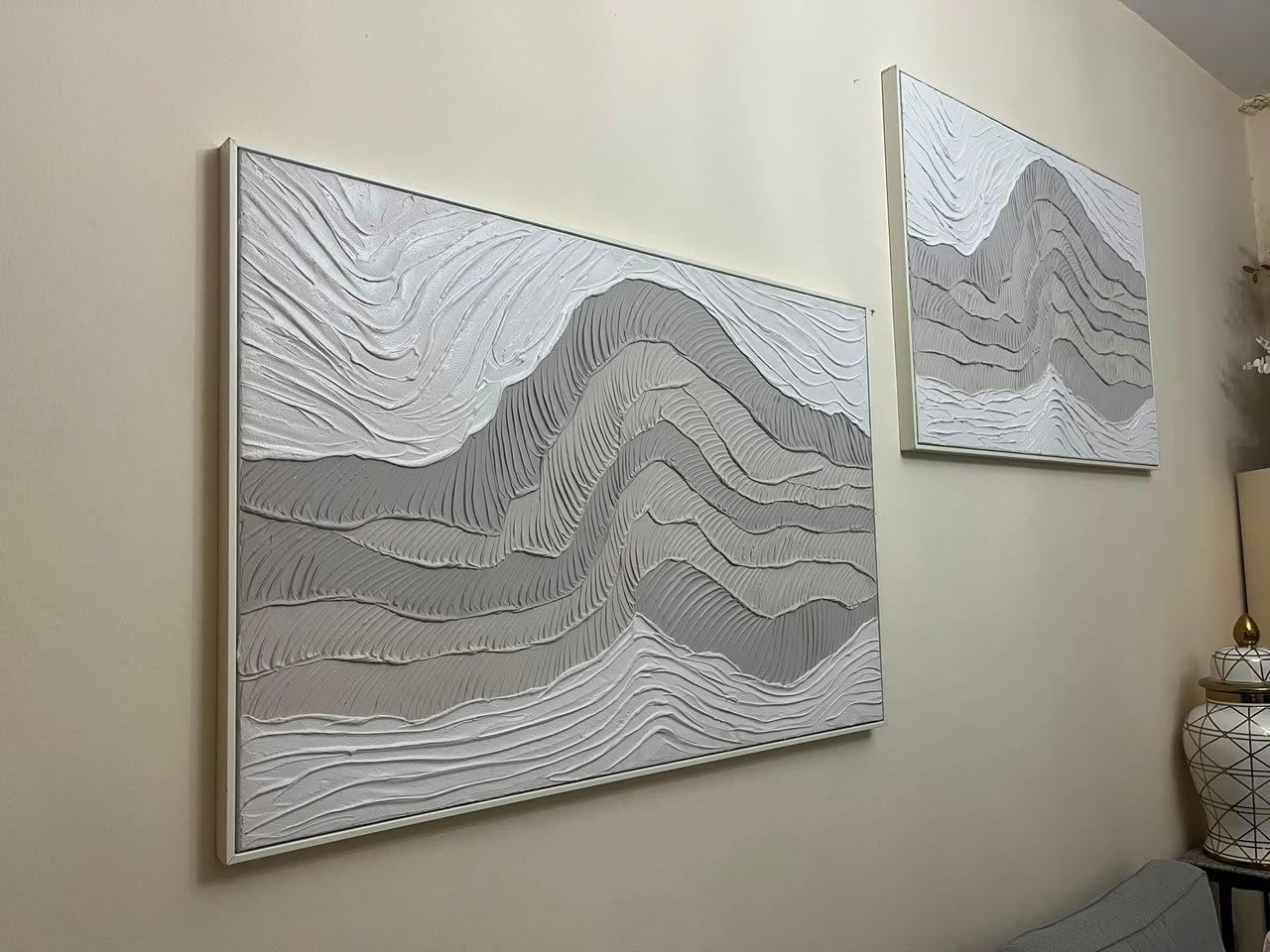 Set of 2 Modern White & Grey 3D Textured Wall Art – Minimalist Plaster Wave Design with Silver Framed Canvas for Living Room & Bedroom - Image 3