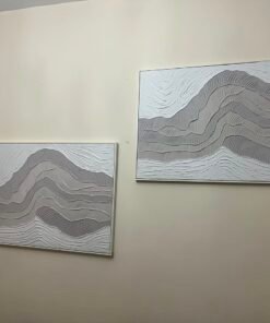 Set of 2 Modern White & Grey 3D Textured Wall Art – Minimalist Plaster Wave Design with Silver Framed Canvas for Living Room & Bedroom