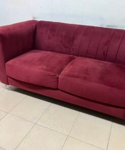 Classic Burgundy Red Velvet 2-Seater Sofa – Plush Fabric Loveseat with Rolled Arms & Chrome Metal Legs - Image 2