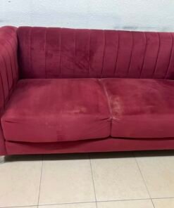 Classic Burgundy Red Velvet 2-Seater Sofa – Plush Fabric Loveseat with Rolled Arms & Chrome Metal Legs