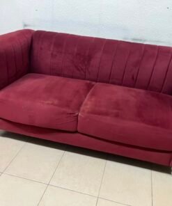 Classic Burgundy Red Velvet 2-Seater Sofa – Plush Fabric Loveseat with Rolled Arms & Chrome Metal Legs - Image 4
