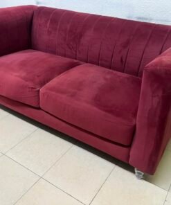 Classic Burgundy Red Velvet 2-Seater Sofa – Plush Fabric Loveseat with Rolled Arms & Chrome Metal Legs - Image 5