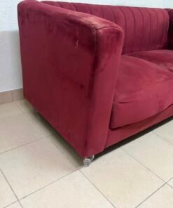 Classic Burgundy Red Velvet 2-Seater Sofa – Plush Fabric Loveseat with Rolled Arms & Chrome Metal Legs - Image 6
