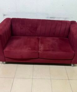 Classic Burgundy Red Velvet 2-Seater Sofa – Plush Fabric Loveseat with Rolled Arms & Chrome Metal Legs - Image 7