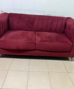 Classic Burgundy Red Velvet 2-Seater Sofa – Plush Fabric Loveseat with Rolled Arms & Chrome Metal Legs - Image 8