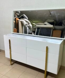 Modern White Dresser with Mirror & Gold Legs – Minimalist 3-Drawer Chest with Sleek Gold Handles for Bedroom & Vanity - Image 2