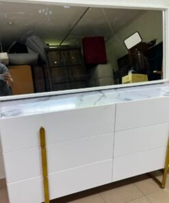 Modern White Dresser with Mirror & Gold Legs – Minimalist 3-Drawer Chest with Sleek Gold Handles for Bedroom & Vanity - Image 4