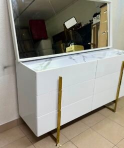 Modern White Dresser with Mirror & Gold Legs – Minimalist 3-Drawer Chest with Sleek Gold Handles for Bedroom & Vanity - Image 6