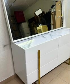Modern White Dresser with Mirror & Gold Legs – Minimalist 3-Drawer Chest with Sleek Gold Handles for Bedroom & Vanity - Image 7