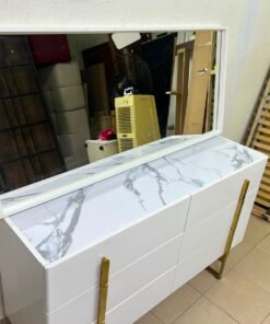 Modern White Dresser with Mirror & Gold Legs – Minimalist 3-Drawer Chest with Sleek Gold Handles for Bedroom & Vanity - Image 9