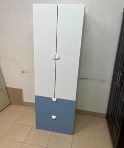 Modern Two-Tone Wardrobe / Closet – White Double-Door Cabinet with Blue Bottom Drawers & Sleek Semi-Circle Handles - Image 2
