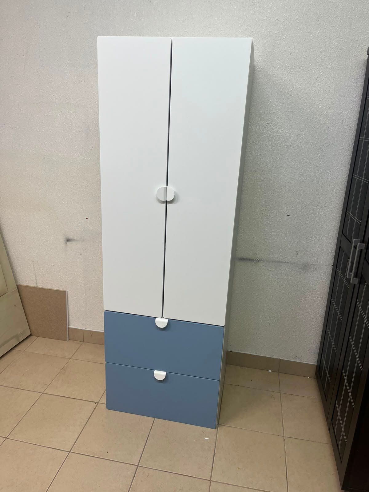 Modern Two-Tone Wardrobe / Closet – White Double-Door Cabinet with Blue Bottom Drawers & Sleek Semi-Circle Handles - Image 2