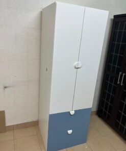 Modern Two-Tone Wardrobe / Closet – White Double-Door Cabinet with Blue Bottom Drawers & Sleek Semi-Circle Handles - Image 3