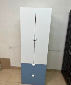 Modern Two-Tone Wardrobe / Closet – White Double-Door Cabinet with Blue Bottom Drawers & Sleek Semi-Circle Handles - Image 4