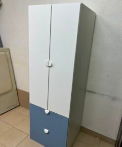 Modern Two-Tone Wardrobe / Closet – White Double-Door Cabinet with Blue Bottom Drawers & Sleek Semi-Circle Handles - Image 5