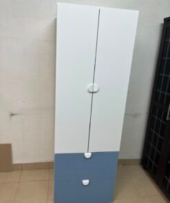 Modern Two-Tone Wardrobe / Closet – White Double-Door Cabinet with Blue Bottom Drawers & Sleek Semi-Circle Handles - Image 6