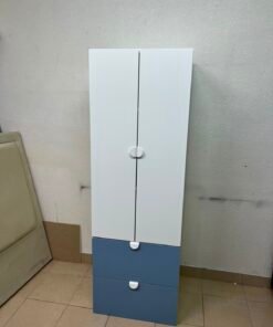 Modern Two-Tone Wardrobe / Closet – White Double-Door Cabinet with Blue Bottom Drawers & Sleek Semi-Circle Handles - Image 7