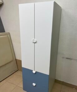 Modern Two-Tone Wardrobe / Closet – White Double-Door Cabinet with Blue Bottom Drawers & Sleek Semi-Circle Handles