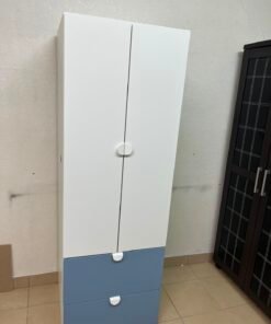 Modern Two-Tone Wardrobe / Closet – White Double-Door Cabinet with Blue Bottom Drawers & Sleek Semi-Circle Handles - Image 9
