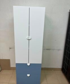 Modern Two-Tone Wardrobe / Closet – White Double-Door Cabinet with Blue Bottom Drawers & Sleek Semi-Circle Handles - Image 10