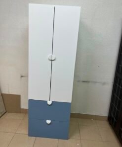 Modern Two-Tone Wardrobe / Closet – White Double-Door Cabinet with Blue Bottom Drawers & Sleek Semi-Circle Handles - Image 11
