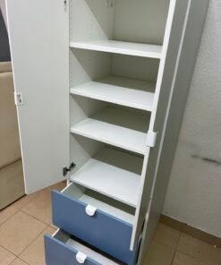 Modern Two-Tone Wardrobe / Closet – White Double-Door Cabinet with Blue Bottom Drawers & Sleek Semi-Circle Handles - Image 12